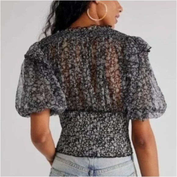 Free People Beatrice Smocked Floral Print Top Size Small Puff Sleeves - Picture 2 of 8